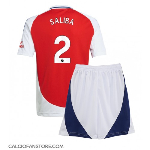 Maglia Calcio Arsenal William Saliba #2 Prima Divisa Bambino 2024-25 Manica Corta (+ pantaloncini)